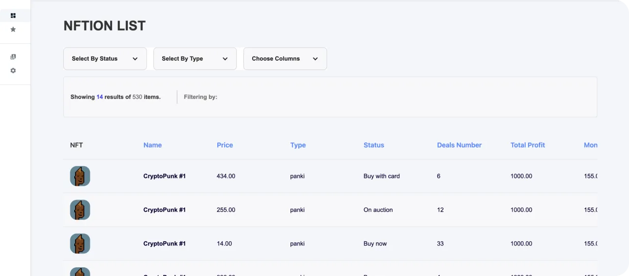 The Nftion collection table with tag navigation and filters